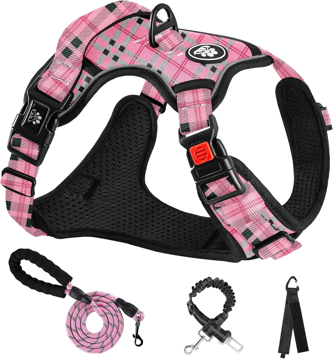 NESTROAD No Pull Dog Harness with Leash, Reflective No Choke Pet Vest Harness,Adjustable Soft Padded Dog Harness with Easy Control Handle for Large Dogs(Checkered Pink,X-Large)