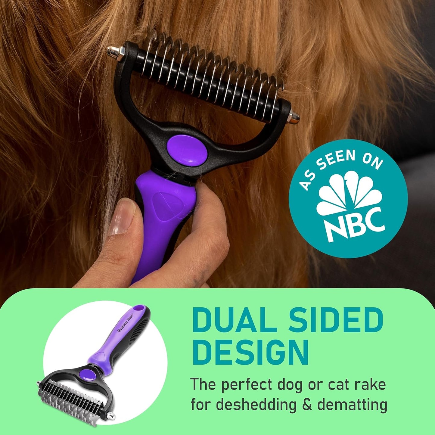 Maxpower Planet Pet Grooming Brush - Double Sided, Extra Wide for Dogs and Cats - Dematting Undercoat Rake, Reduces Shedding by 95%, Purple