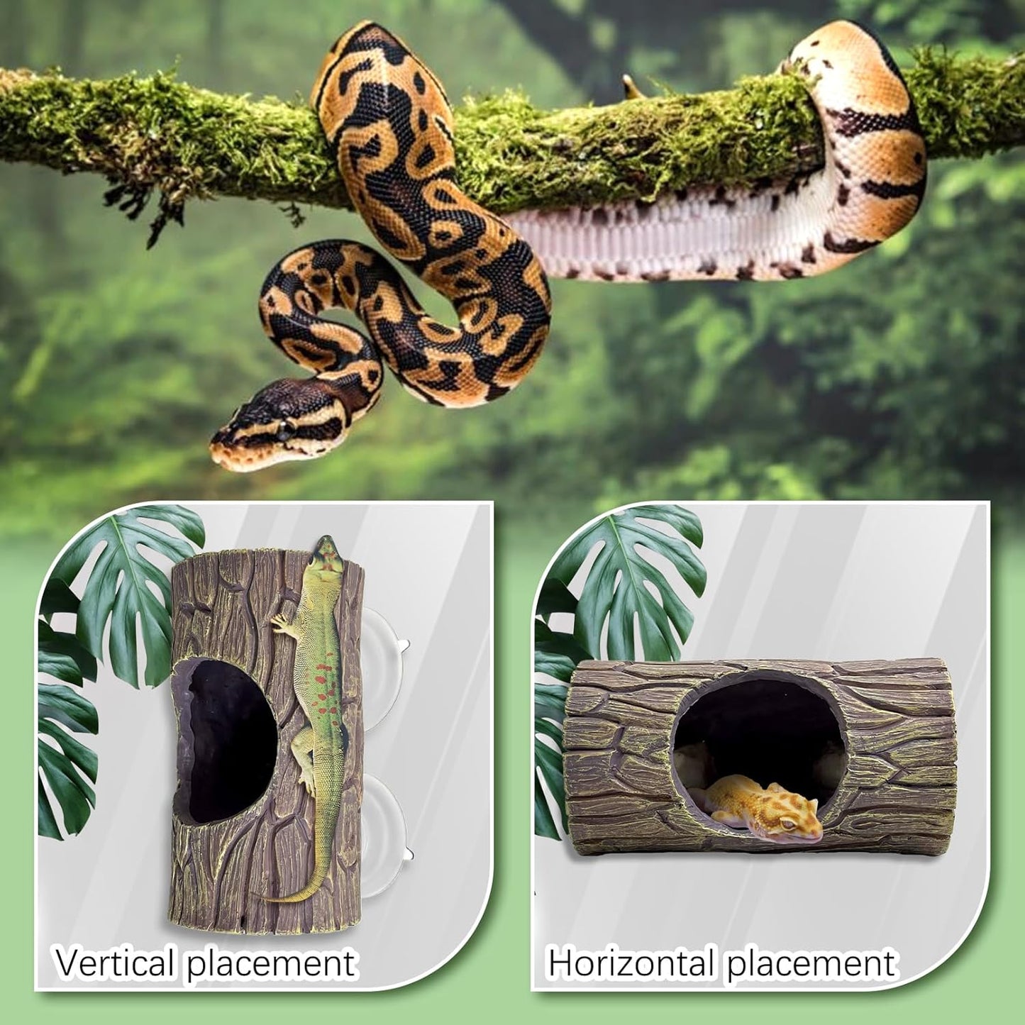 Hamiledyi Reptile Hide Cave Resin Hollow Log Hideout with 2pcs Powerful Suction Cup, Plastic Plant Leaves Ornament Snake Hide Hermit Crab Climbing Toys for Gecko Lizard Hermit Crabs Frogs