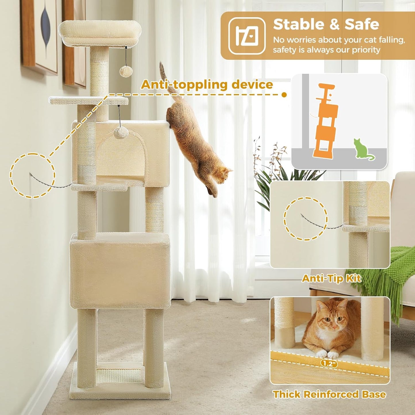 Cat Tree for Indoor Cats, Multi-Level Cat Tower with Sisal Scratching Posts, Padded Platform, Multi-Level Cat Condo w/Soft Bed & Scratching Pad, 2 Pompoms, Sturdy Base, Beige