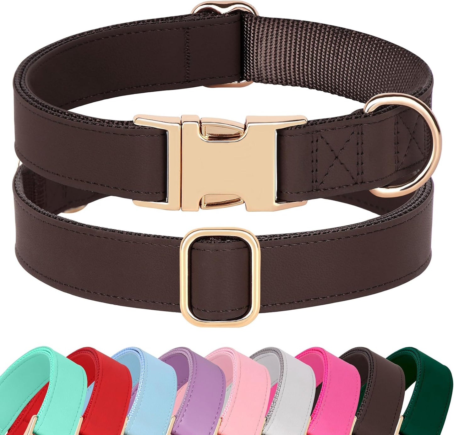PET ARTIST PU Leather Dog Collar, Bright & Stylish Brown Dog Collar with Quick Release Gold Metal Buckle, Soft Nylon Padded Durable Pet Collars Adjustable for Large Dogs, Neck Fit 16-27"