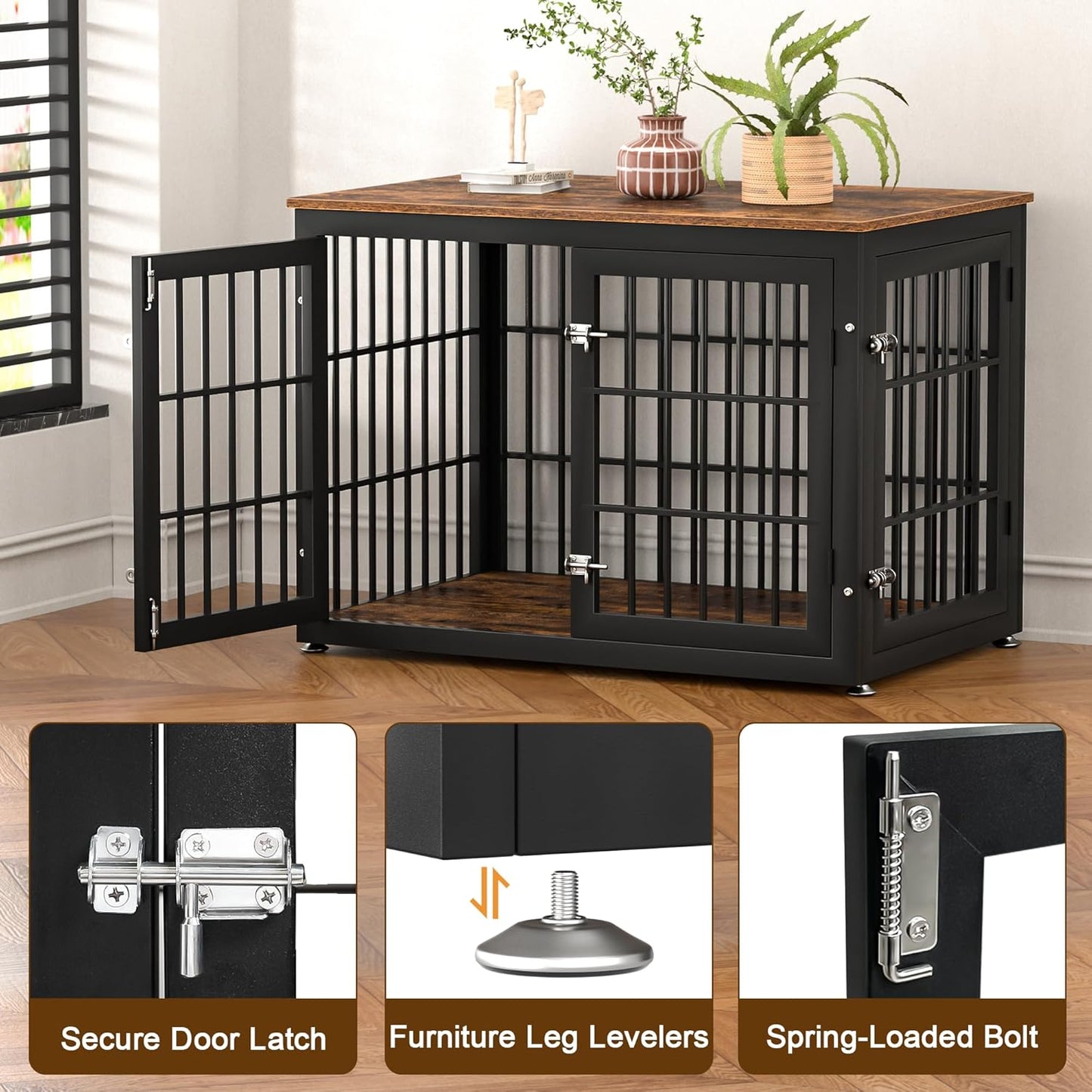 38 Inch Heavy Duty Dog Crate Furniture for Large and Medium Dogs, Decorative Pet House End Table, Wooden Cage Kennel Furniture Indoor, Rustic Brown