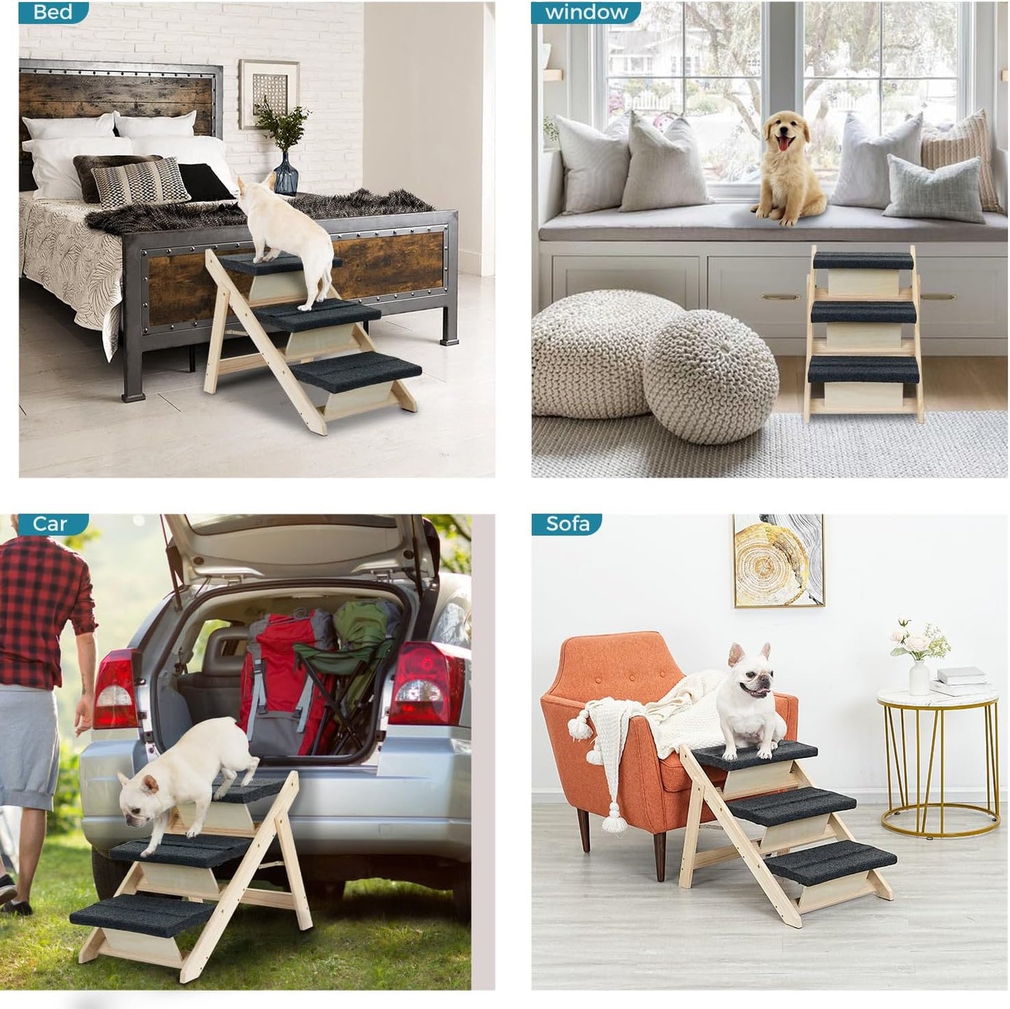 Wood Pet Stairs/Pet Steps for All Dogs and Cats - 2-in-1 Foldable Carpeted 3 Tiers Dog Stairs & Ramp Perfect for Beds and Cars - Portable Dog/Cat Ladder Up to 120 Pounds