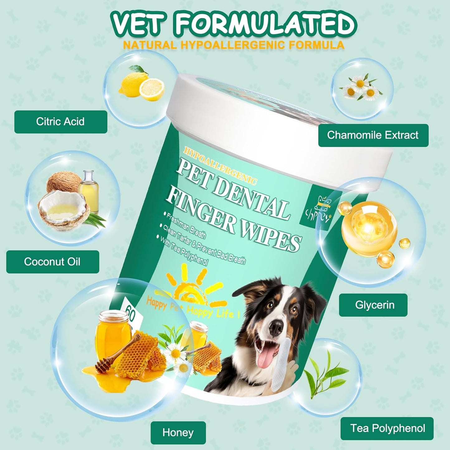 60 Count Dog Dental Wipes - Teeth Cleaning Finger Wipes for Dogs & Cats, Hypoallergenic Dog Toothbrush Finger Dental Wipes to Remove Plaque & Tartar, Freshen Bad Breath, Gentle Cleaning(4.7″*1.7″)