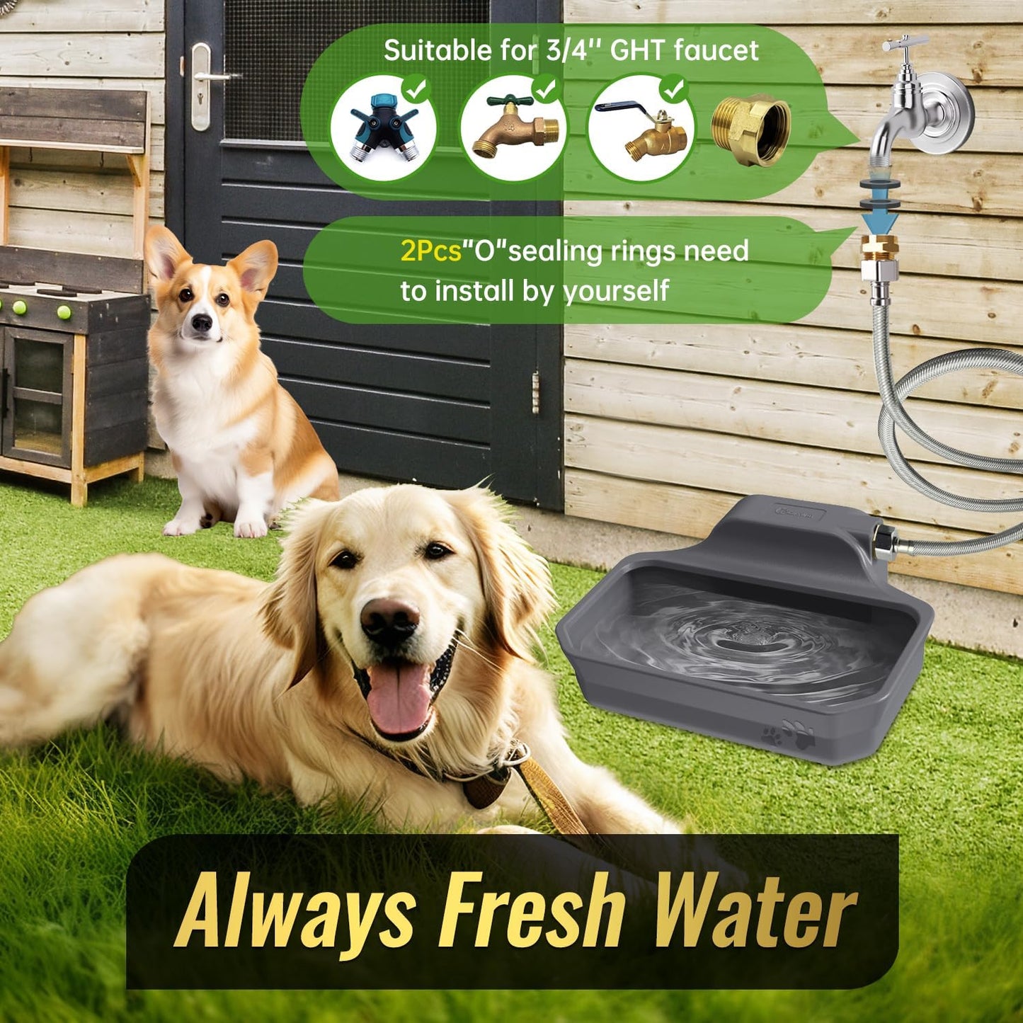 135OZ Automatic Water Dispenser for Large Dogs Patented Outdoor Dog Water Bowl Dispenser Automatic Dog Feeder Fit 3/4'' GHT Faucet Dog Waterer Include Water Hose Extra-Large Drinking Area