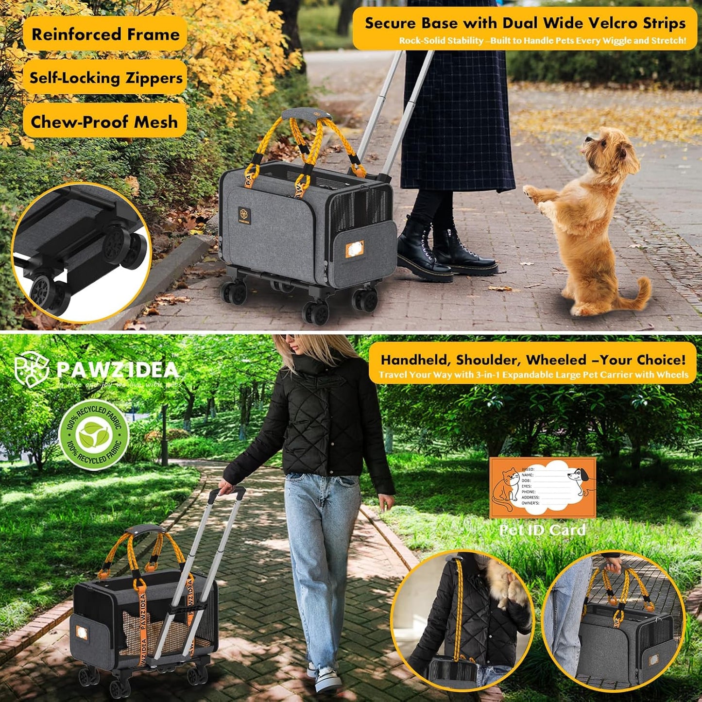 PAWZIDEA Pet Carrier with Wheels, 18x11x11 TSA Airline Approved Cat Carrier for 2 Cats Under Seat, Expandable Soft-Sided Dog Carrier for Small Dogs Rolling Travel Bag with Telescopic Handle, ID Card