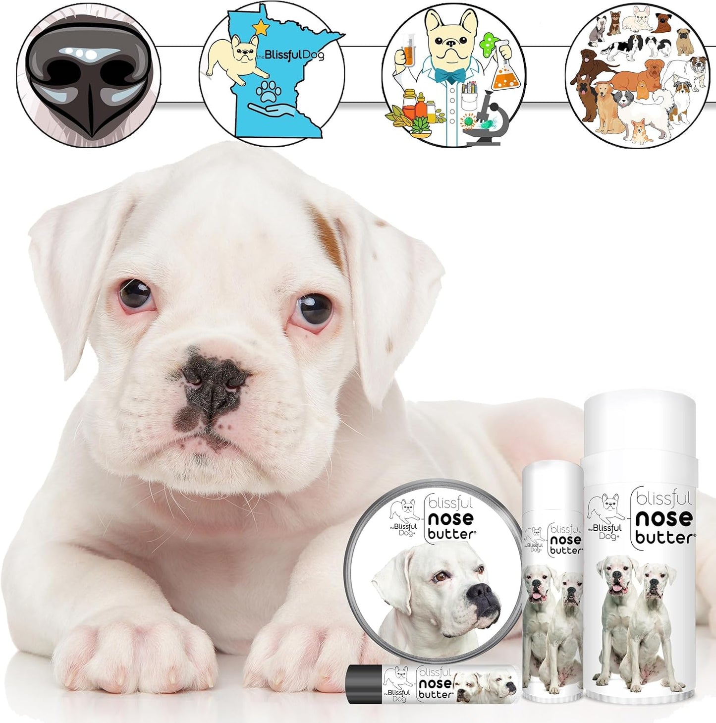 The Blissful Dog White Boxer Nose Butter for Dry, Cracked Skin, Lick-Safe Dog Nose Balm with Moisturizing Shea Butter, Almond, Olive, and Essential Oils, Pet Supplies, Uncented, 0.15 oz.