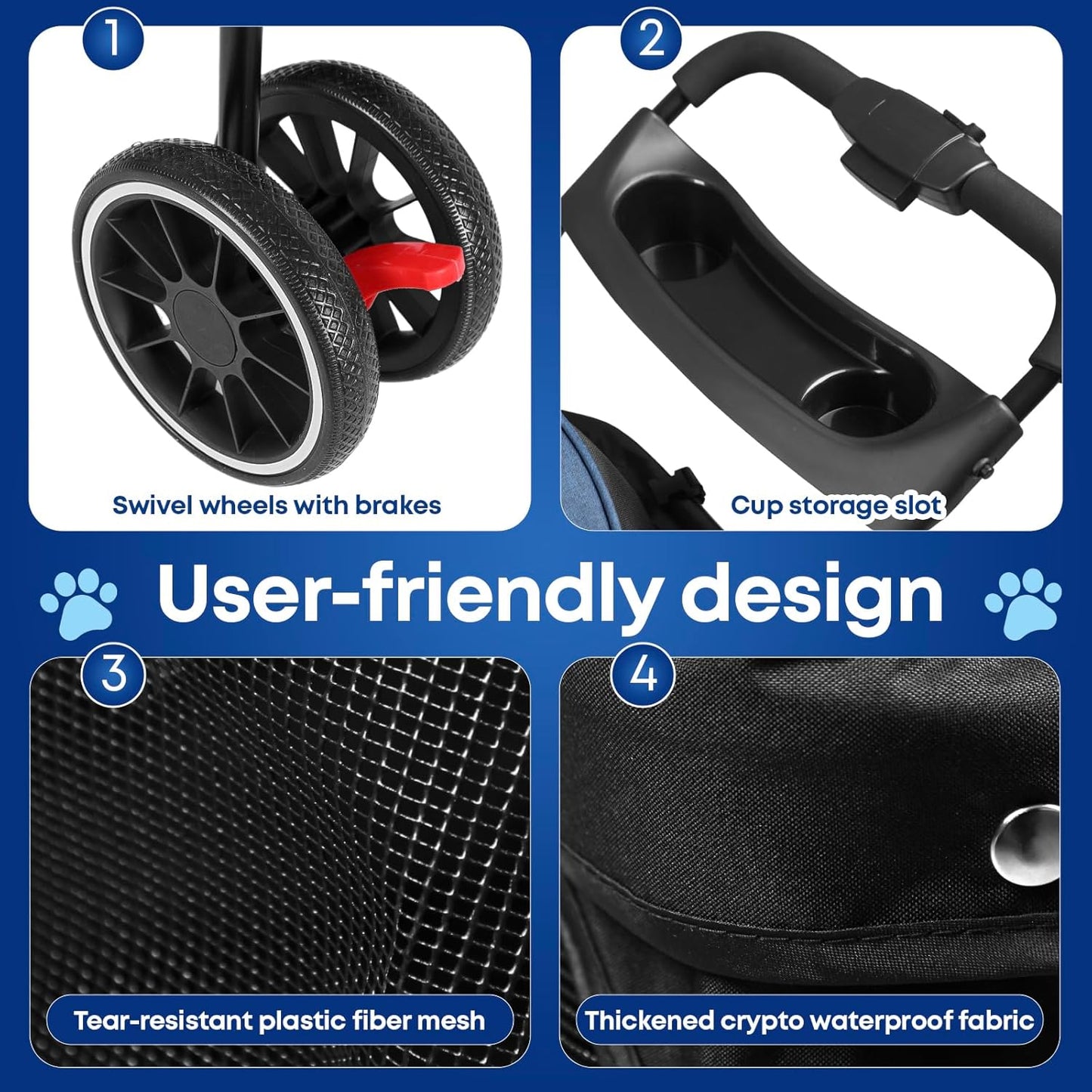 Pet Stroller,Dog Stroller for Small Medium Dogs Cats,3 Wheels,Foldable,with Breathable Mesh Canopy,Cup Holders,Easy Assembly,Blue+Black