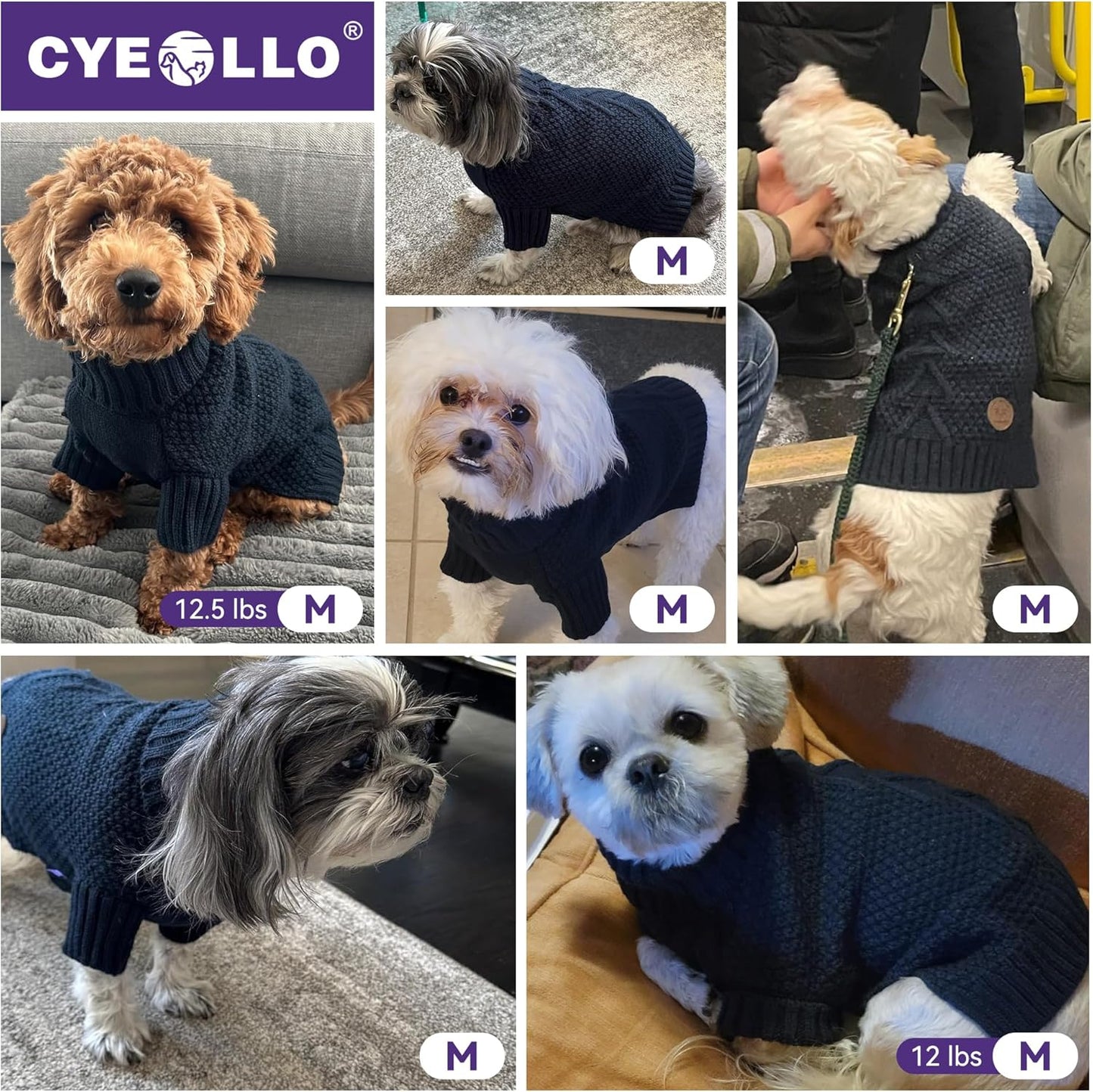cyeollo Warm Small Dog Sweater, Knit Cold Weather Doggy Sweaters for Small Dogs Boy Pullover Winter Dog Clothes with Turtleneck for Indoor & Outdoor Wear, Navy M