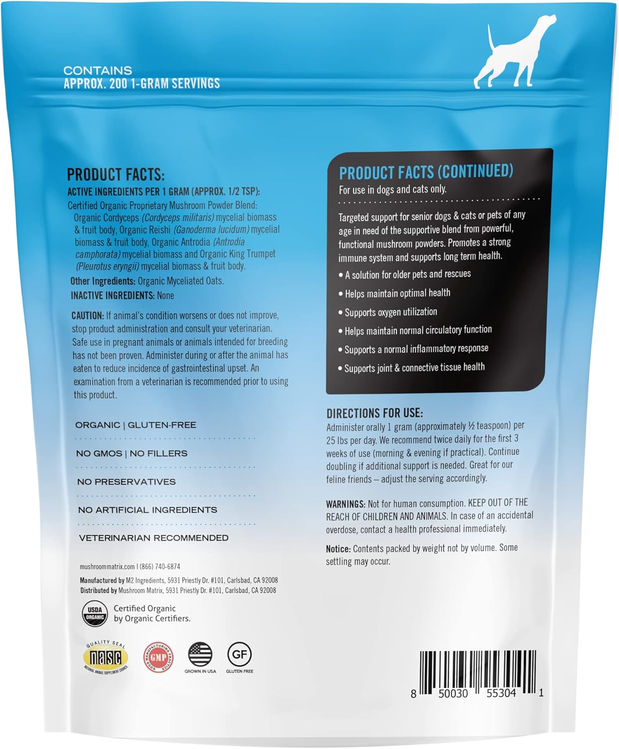 Om Mushroom Matrix Maximum Recovery Mushroom Pet Supplement Powder, Supports Optimal Health & Senior Care for Dogs & Cats, 200 Grams, 7.1 oz