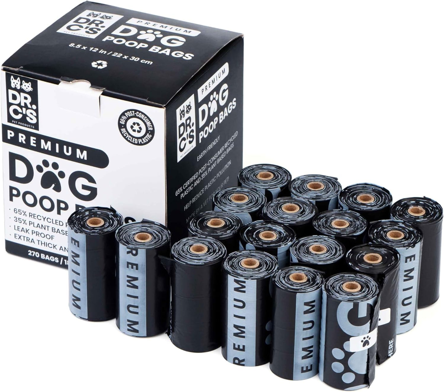 Certified 65% PCR (Post Consumer Recycled) Plastic and 35% Plant Based Dog Poop Bags - Dr. C's Premium Dog Poop Bags - 270 Bags / 18 Rolls, Extra thick, Leak Proof, Unscented, Earth Friendly