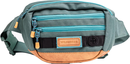 Wilderdog Utility Fanny Pack stores Treats, Balls, Keys in 3 Pockets with adjustable strap and Poop Bag dispenser (Evergreen)