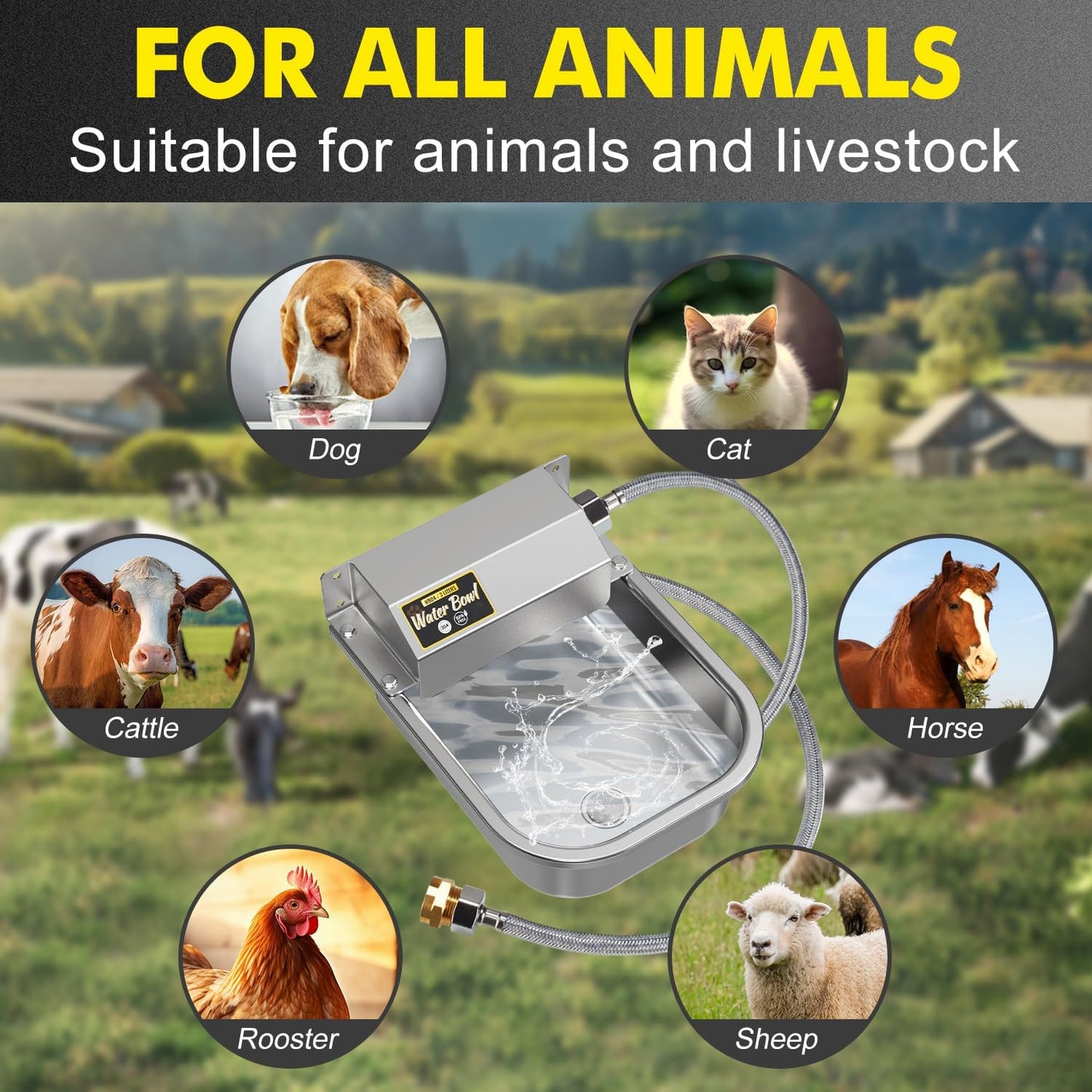 Automatic Water Dispenser for Dogs, Patented 3L Outdoor Dog Drinking Water Bowl, Stainless Steel Waterer Feeder Suitable for Chicken Livestock Animal,Fit 3/4'' GHT Faucet, Wall-Mounted, Easy to Clean