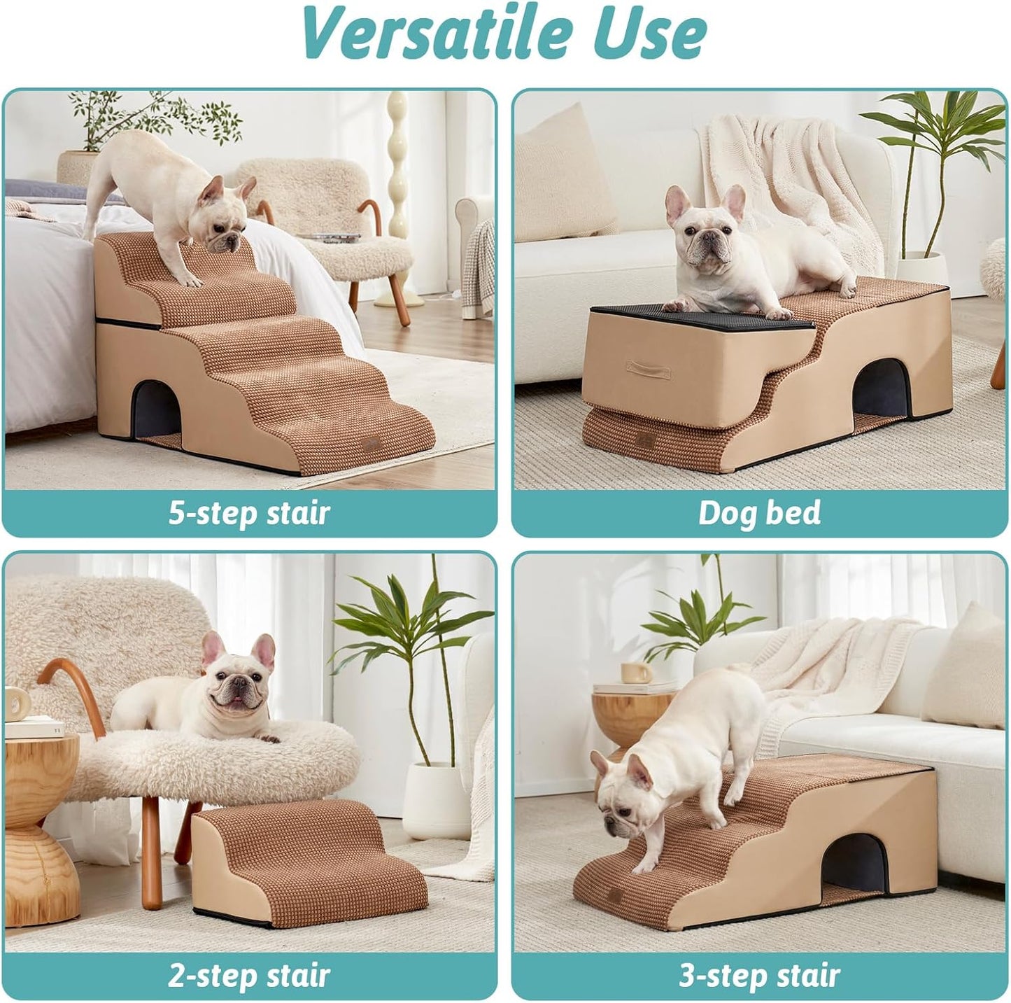 Extra Wide Dog Stairs with Tunnel, Detachable Large Pet Step for Small Medium Dog, Puppy or Cat, Ramp for High Bed, Couch, Sofa or Car, Stable, 19.7x33x22.4 inch, 5 Step, Light Brown