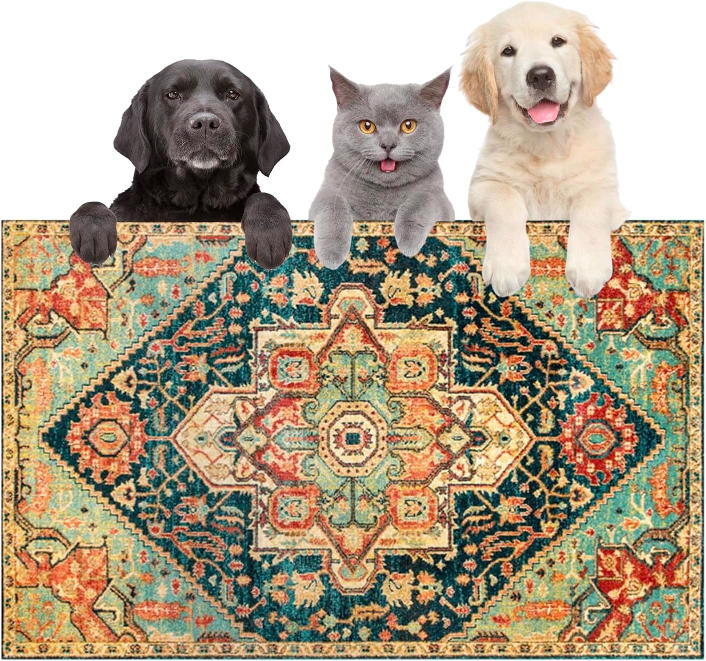 Large Boho Dog Cat Food Mats for Floors, Absorbent Dog Bowl Mat for Food and Water Dispenser Mat, Quick Dry Pet Supplies(Vintage Green, 36'' x 16'')