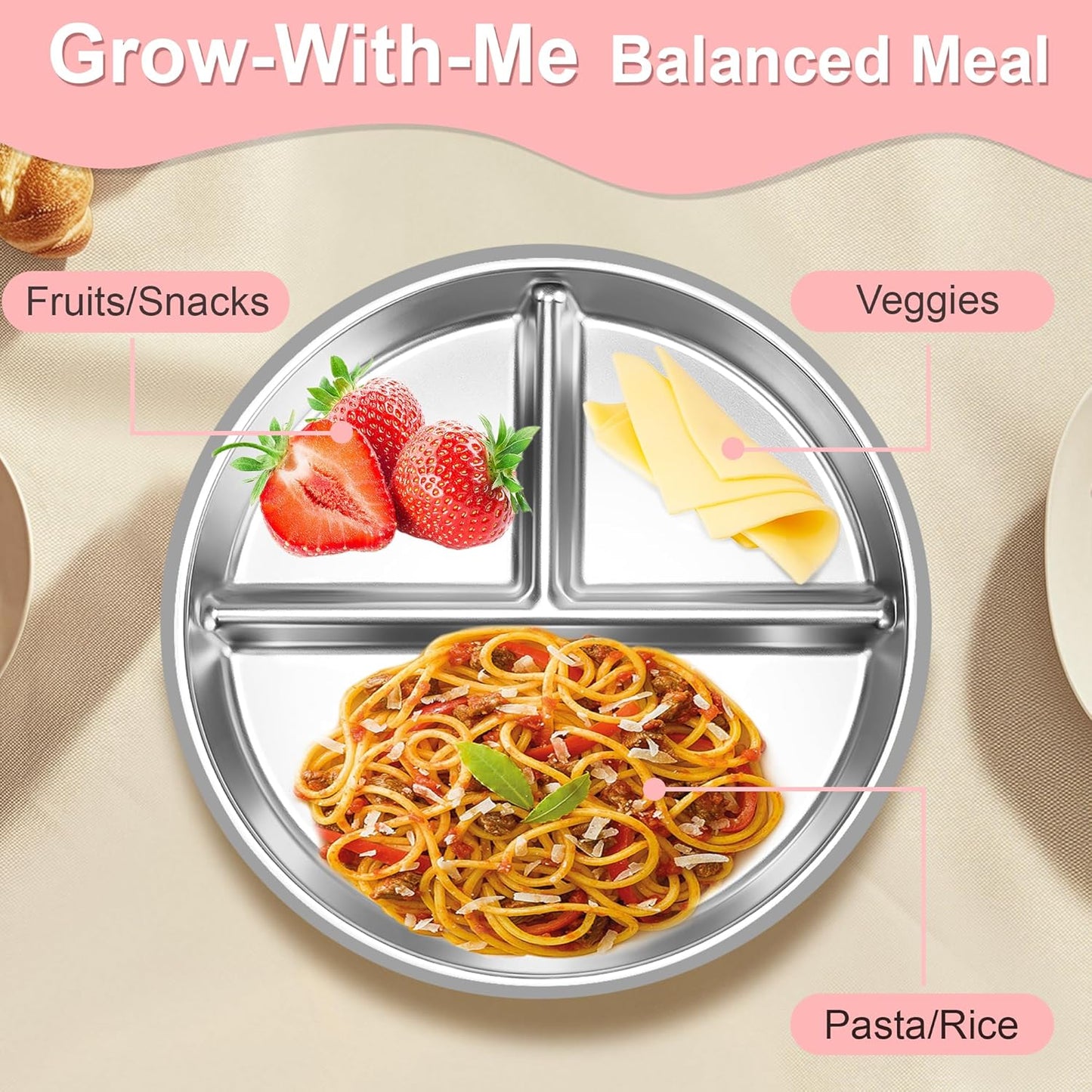 Bella’s Friends Stainless Steel Baby Plates with Suction 3 Pack, 9” Divided Toddler Plates with Removable Silicone Sleeves for Mess-Free Feeding, Non-Toxic, Non-Slip, Dishwasher Safe, Gray,White,Green