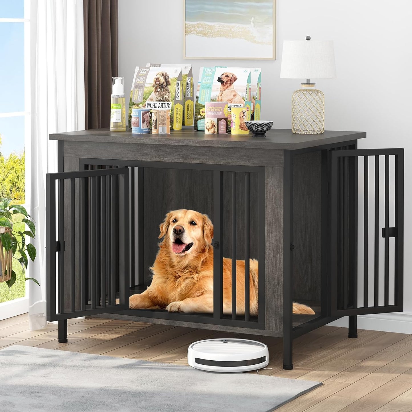 EasyCom 39.96" XL Wooden Large Dog Crate Furniture for Medium and Large Breed, Chew-Resistant Dog Kennel Furniture Indoor with 2 Doors and 3.94" Raised Feet, as TV Stand, End Table, Crate Table