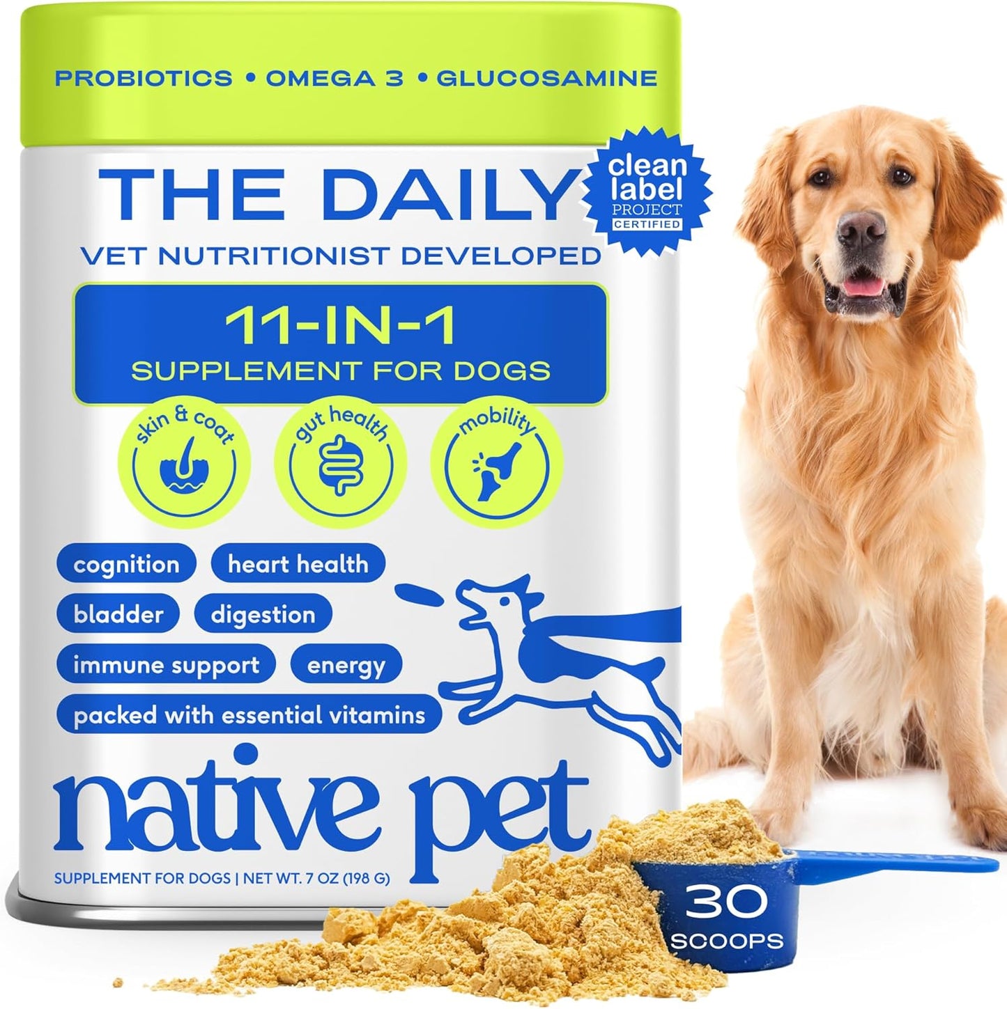 Native Pet Dog Vitamins & Supplements - 11-in-1 Multivitamin Powder for Dogs Food Topper - Collagen, Glucosamine, Probiotics, Omega & More- Supports Healthy Gut, Mobility & Overall Health -30 Scoops