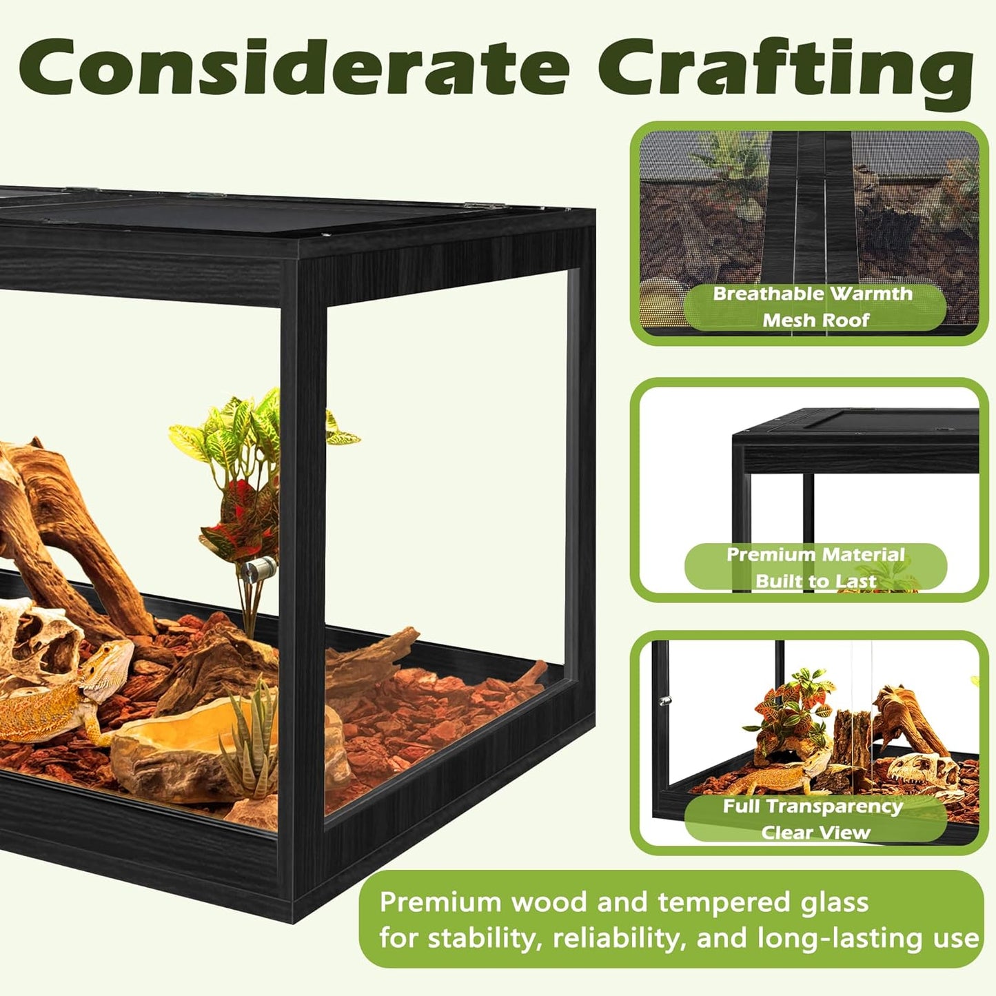 Prolee Tempered Glass Bearded Dragon Tank 37 Gallons,Reptile Encloure and Snake Tank with Metal Mesh Roof Door,Locking Design Reptile Tank for Lizard,Gecko,Chameleon (32"X16"X16",Black)