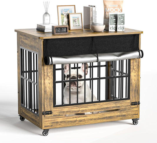 38" Dog Crate Furniture, Double Door Wooden Indoor Dog Kennel Furniture, Decorative Pet Cage End Table with Wheels for Large and Medium Breed Dogs, Size L, Rustic Brown