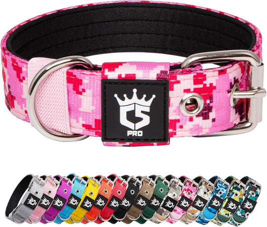TSPRO Tactical Dog Collar 1.25 Inch Wide Thick Dog Collars with Heavy Duty Metal Buckle, Durable, Strong, Adjustable for Small Dogs (Camo Pink S)