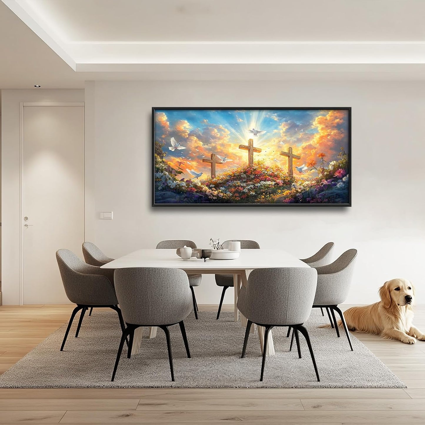 Framed Large Christian Jesus Wall Art, Oversized Floral Dove Wall Decor for Living Room, Landscape Canvas Painting Peaceful Pictures Modern Artwork for Living Room Bedroom Office 60"x30"