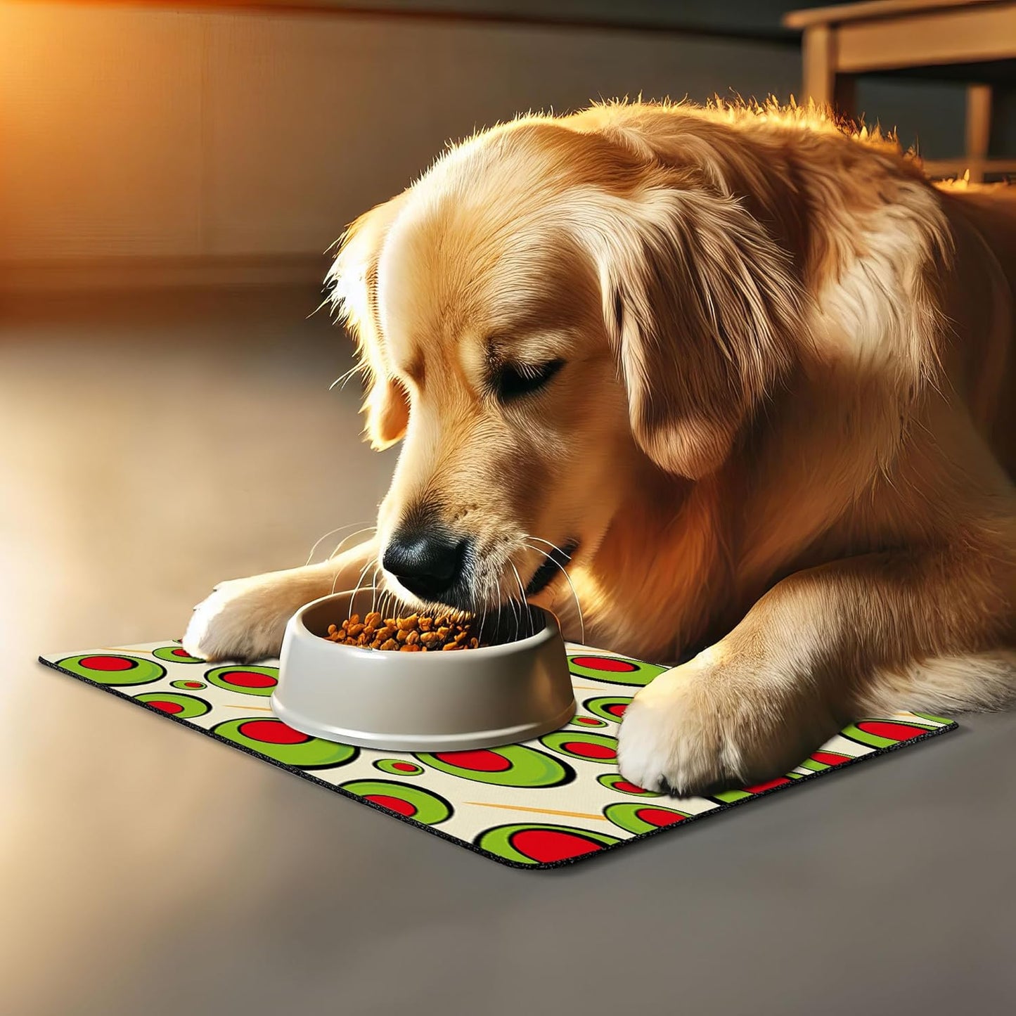 Lunarable Vintage Pet Mat for Food and Water, Repeated Pattern Olives with Toothpicks for Cocktail Martini, Non-Slip Rubber Mat for Dogs and Cats, 18" X 12", Cream Lime