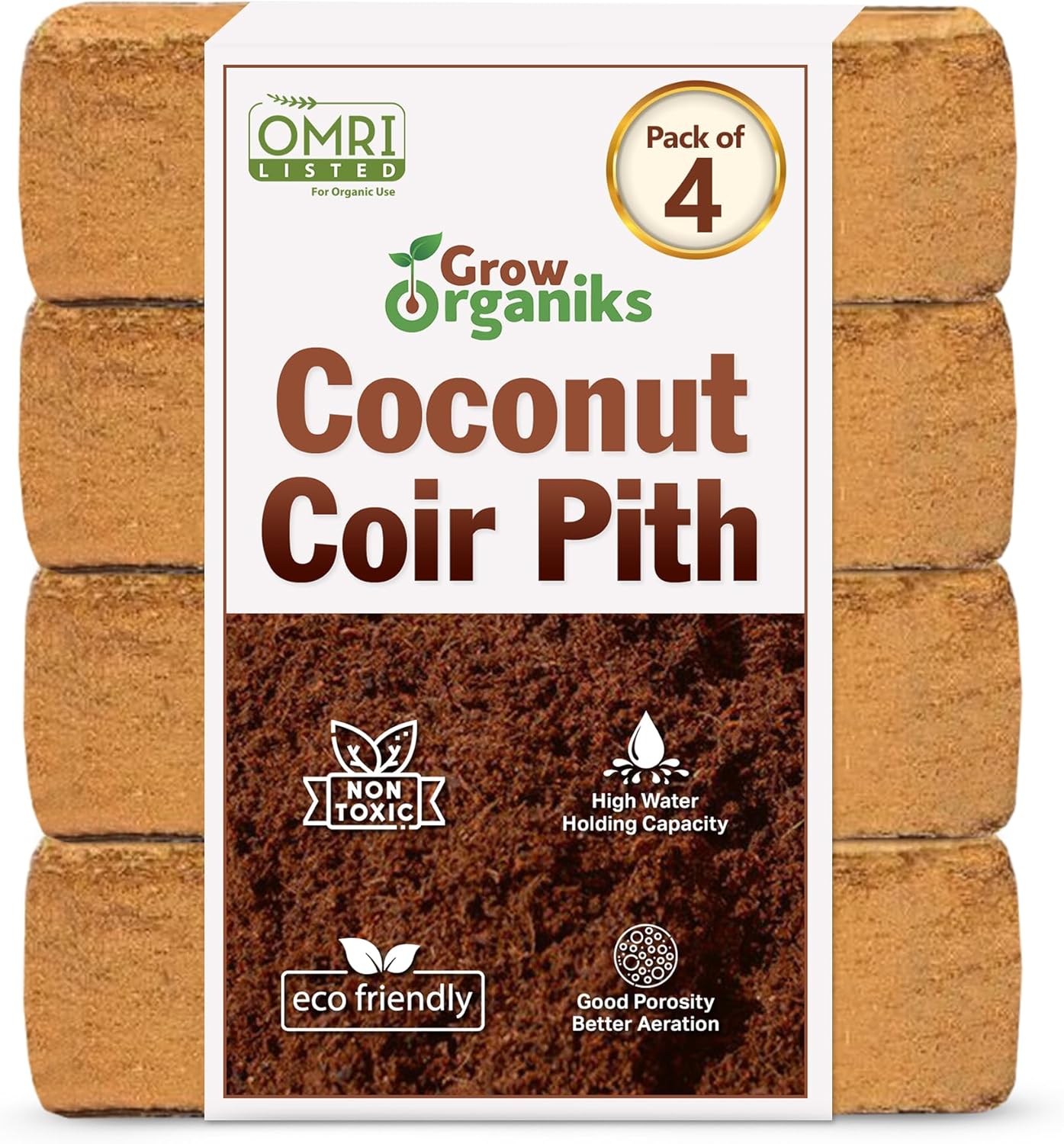 4 Pack Premium Coco Coir Brick for Plants | 100% Organic Compressed Coconut Coir Bricks Starting Mix, Coco Coir Fiber Coconut Husk for Planting, Gardening, Potting Soil Substrate, Herbs, 1.4 LB/Brick
