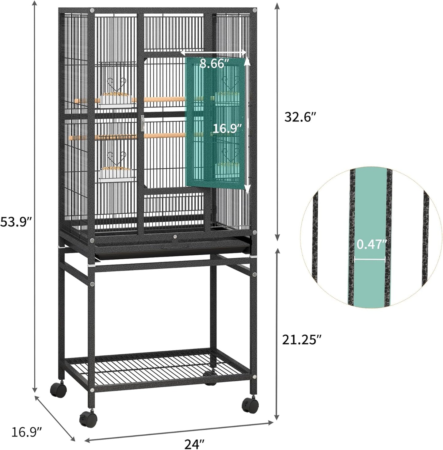 YITAHOME 53.9 inches Metal Bird Cage for Parakeets: Large Parrot Cages with Seed Catcher & Birdcage Cover with Rolling Stand & Brakes for Lovebirds Cockatiels Pigeon Finches, Black
