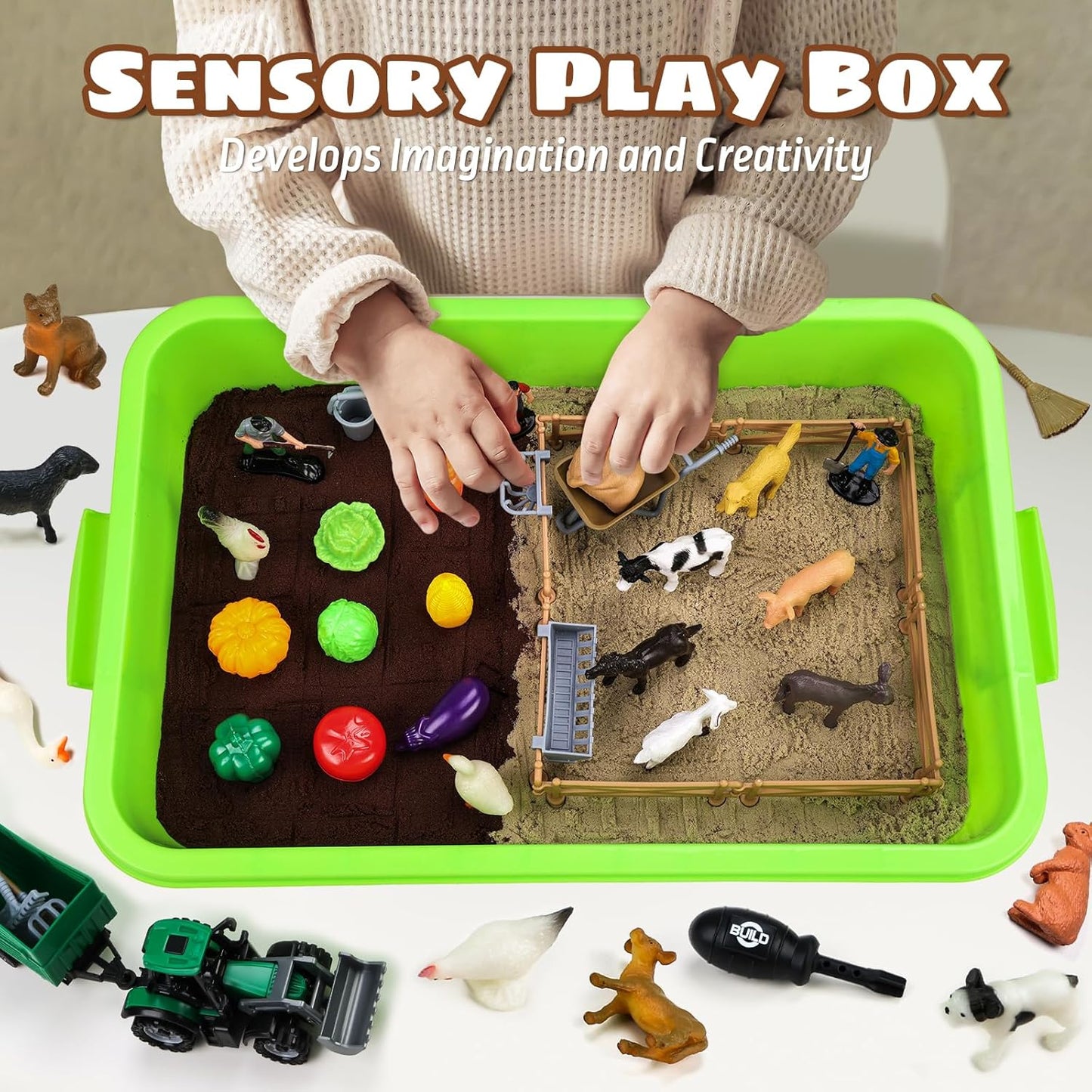 69 PCS Farm Sensory Bin Toys Playset, Sandboxes with Sand, Farmer Tractor & Farm Animals Figures Toys for Kids 3 4 5, Gifts for 6 7 Years Old Boys Girls Toddlers