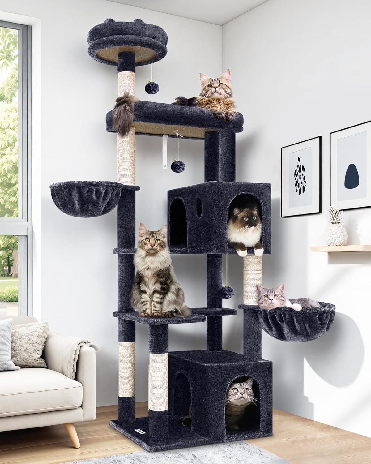 Globlazer Heavy Duty Cat Tree Tower, 73in Tall Cat Tree for Indoor Cats Large Adult, Cat Condo for Large Cats with 5 Scratching Posts, 2 Cat Caves, 2 Padded Perches, 2 Hanging Baskets, F73, Dark Gray