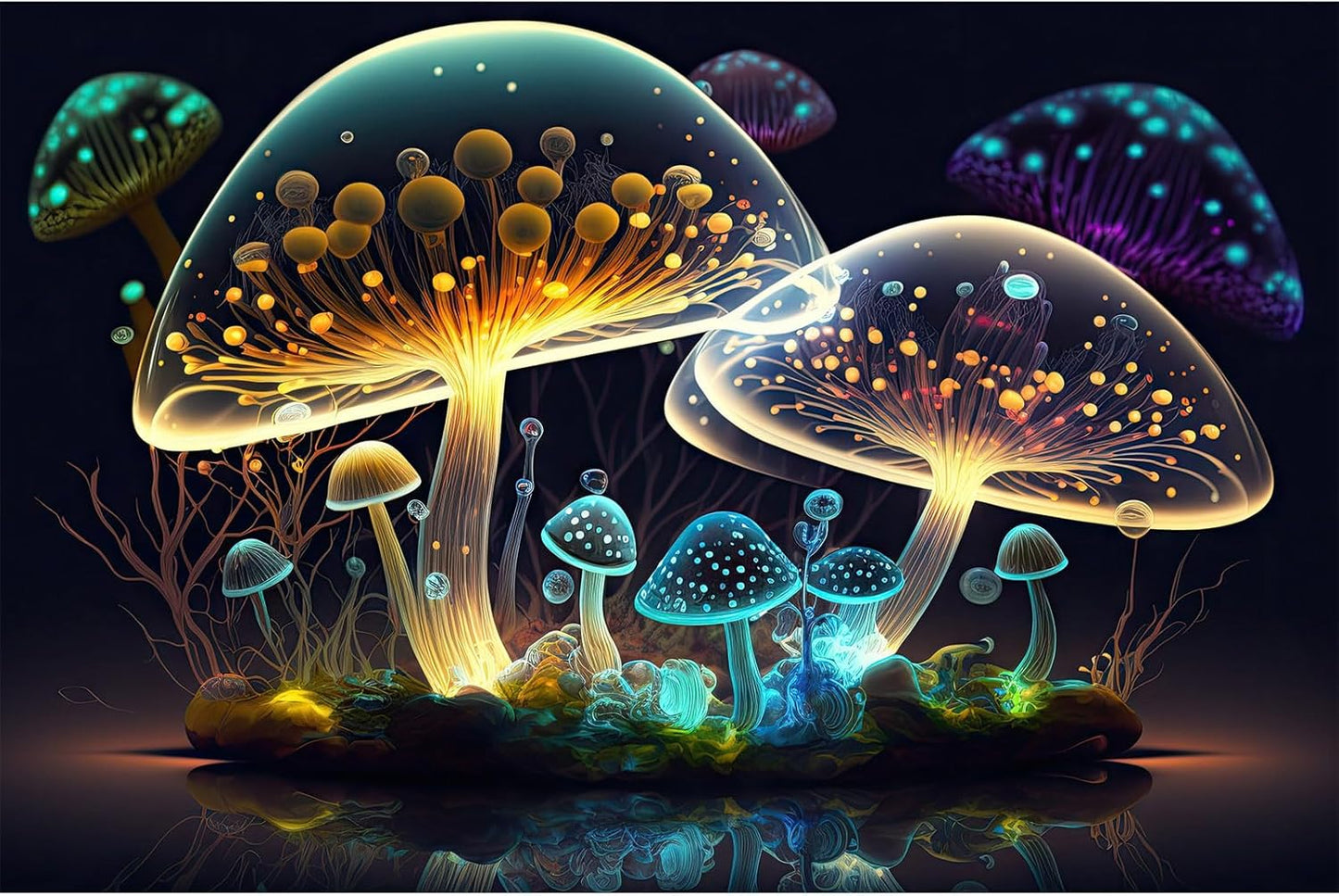 Mushroom Aquarium Background Abstract Glowing Fantasy Mushrooms Terrarium Background Mysterious Forest Magical Night In Circle Shape Crystal Glass Fish Tank Backdrop Decorations Vinyl 30x12in
