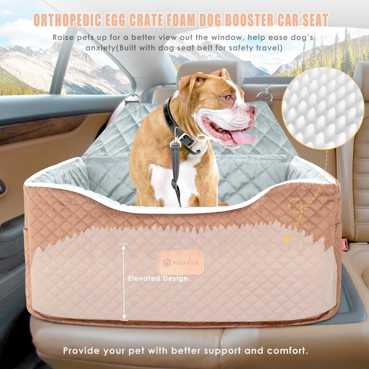 Memory Foam Booster Dog Car Seat Medium Dogs, Elevated Pet Car Seat Under 45 LBS, Detachable Washable, Anti-Slip Dog Booster Seat for Car Back Seat Only, Travel Dog Car Bed, Dog Seat Belt