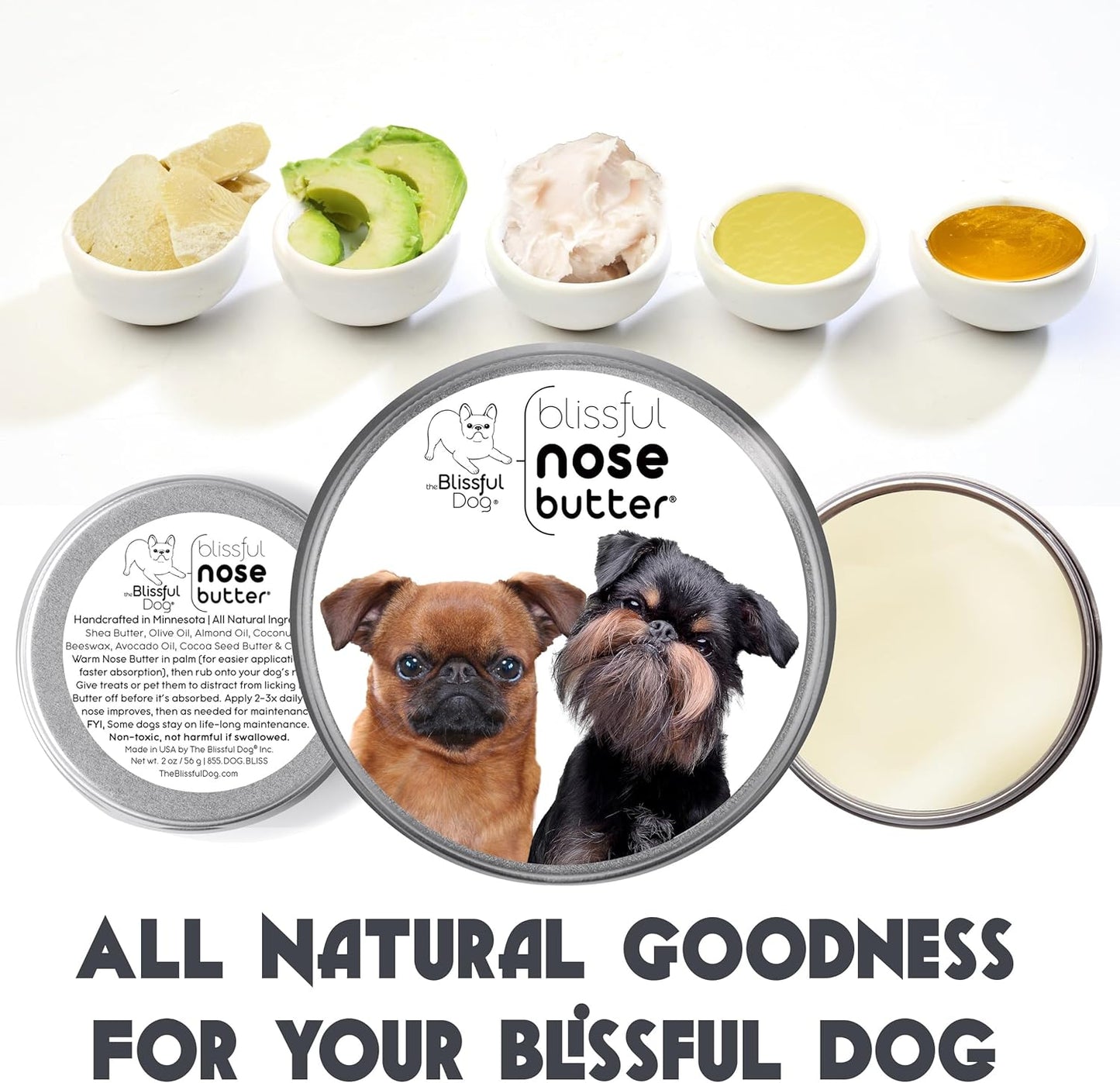 The Blissful Dog Brussels Griffon Nose Butter for Dry, Cracked Skin, Lick-Safe Dog Nose Balm with Moisturizing Shea Butter, Almond, Olive, and Essential Oils, Pet Supplies, Uncented, 1 oz.
