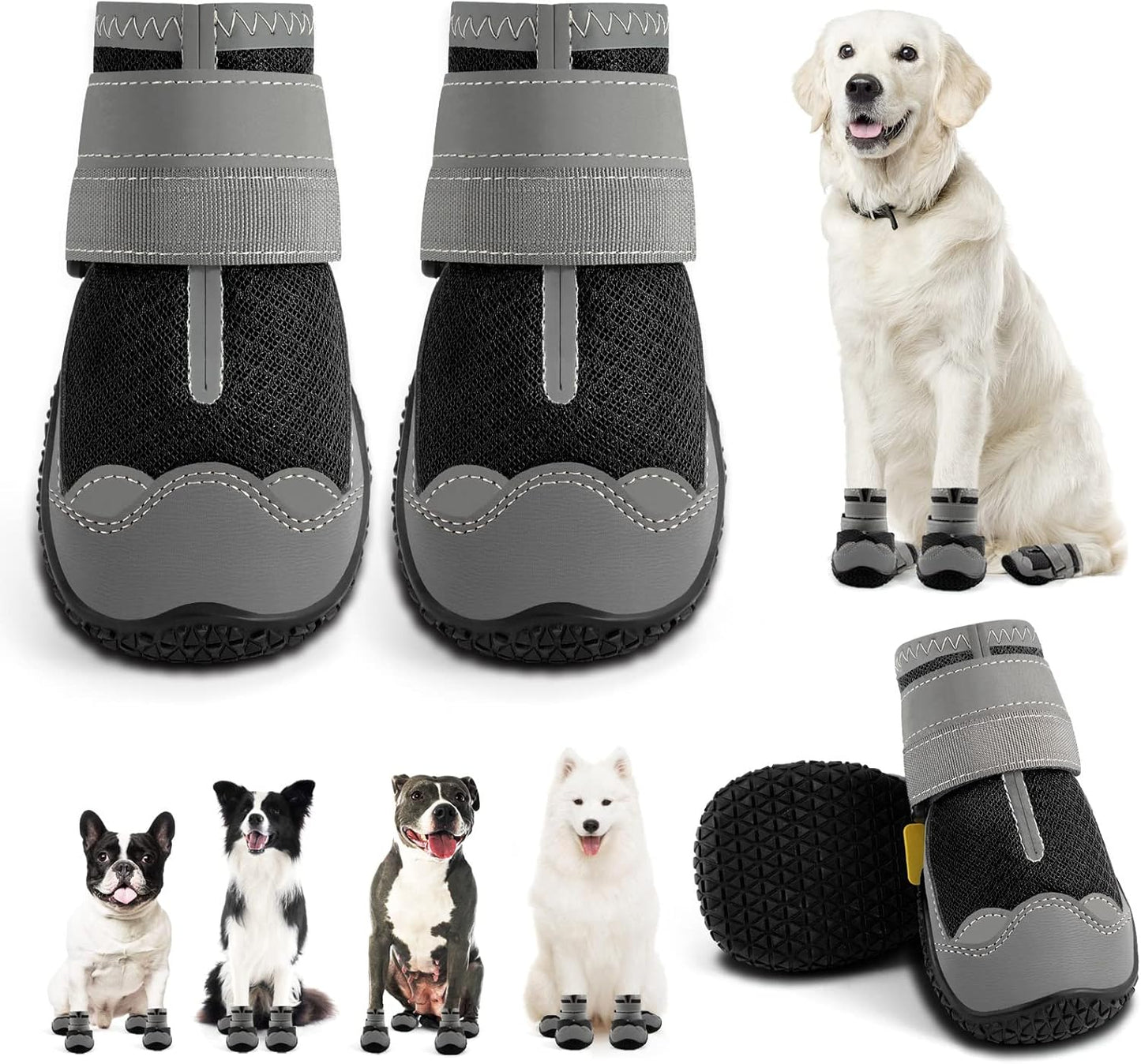 Dog Shoes for Large Dogs, Medium Dog Boots & Paw Protectors for Hardwood Floors, Outdoor Dog Booties for Hot Pavement Winter Snow Hiking, Breathable Dog Shoes with Reflective Strips Size 3