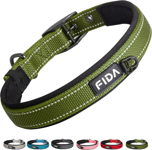 Fida Heavy Duty Dog Collar for Medium Dogs, Ultra Comfortable Soft Neoprene Padded, Adjustable Reflective Nylon Pet Collar with Durable Metal Belt Buckle for Medium Breeds (M, Green)