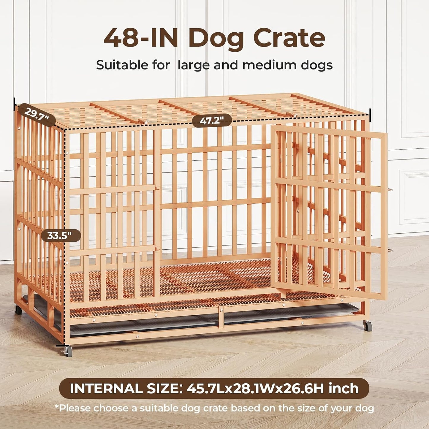 48IN Heavy Duty Dog Crate Steel Escape Proof, Indoor Double Door High Anxiety Cage Removable Tray, Extra Large,Orange