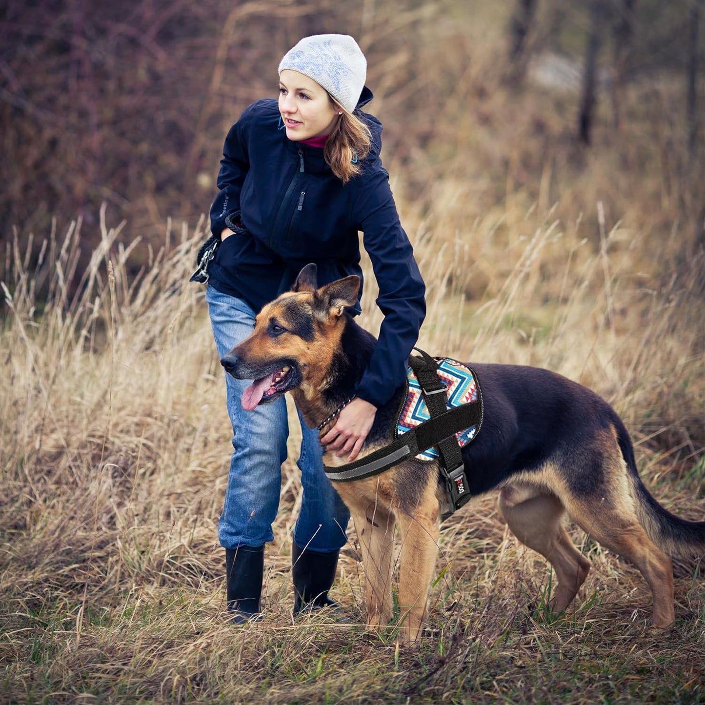 Dogline Dog Harness, Reflective No-Pull Adjustable Vest with Handle for Walking, Training, Breathable, No - Choke Harness for Small, Medium or Large Dogs Room for Patches Aztec Design 2 XS 15"-18"