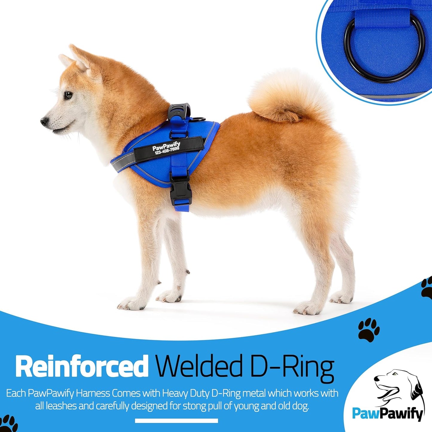 PawPawify Custom No Pull Dog Harness with Name and Phone Number, Heavy Duty Personalized Pet Vest to Prevent Tugging, Pulling, or Choking, Training and Walking (New Blue, S (10-19LBS))