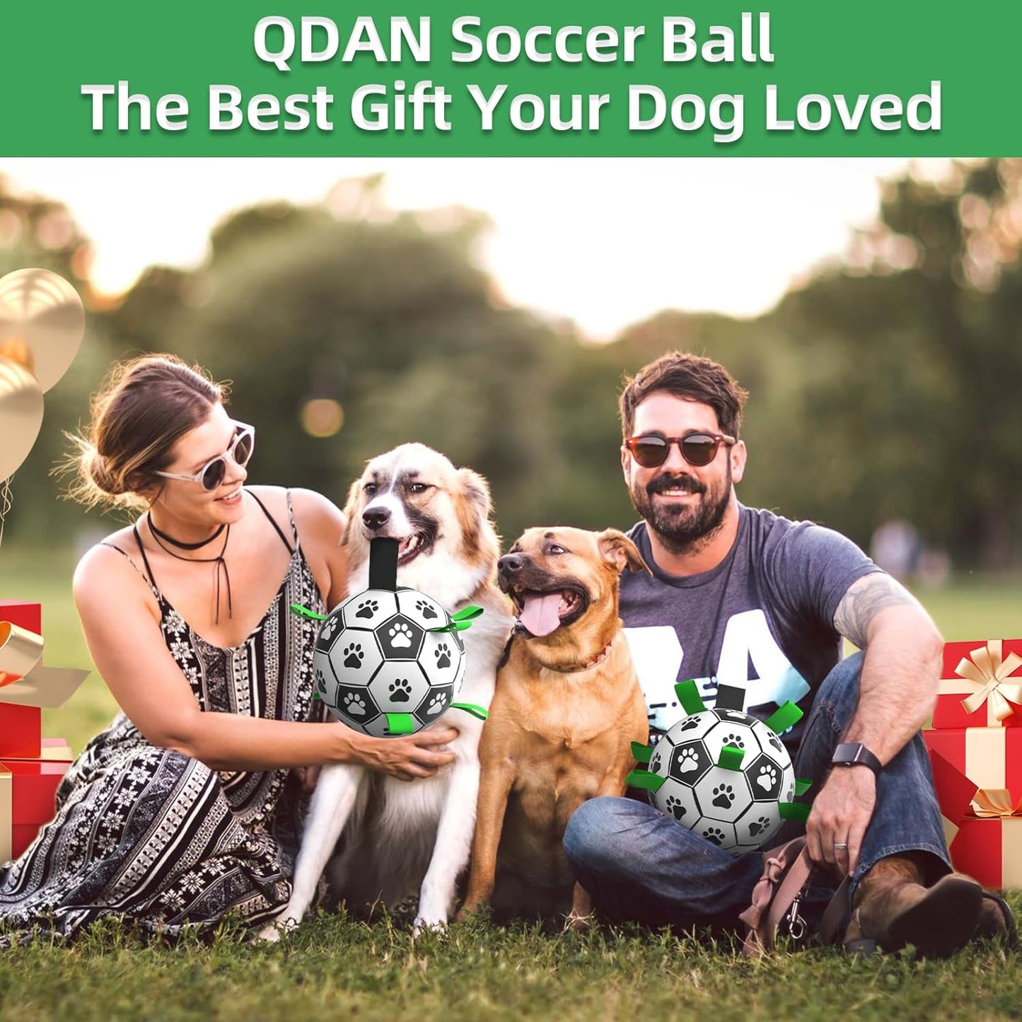 QDAN 2 PCS Dog Toys Soccer Ball Set with Straps, Interactive Dog Toys for Tug of War, Puppy Birthday Gifts, Dog Water Toy, Durable Dog Balls for Medium & Large Dogs（6 & 8 Inch）