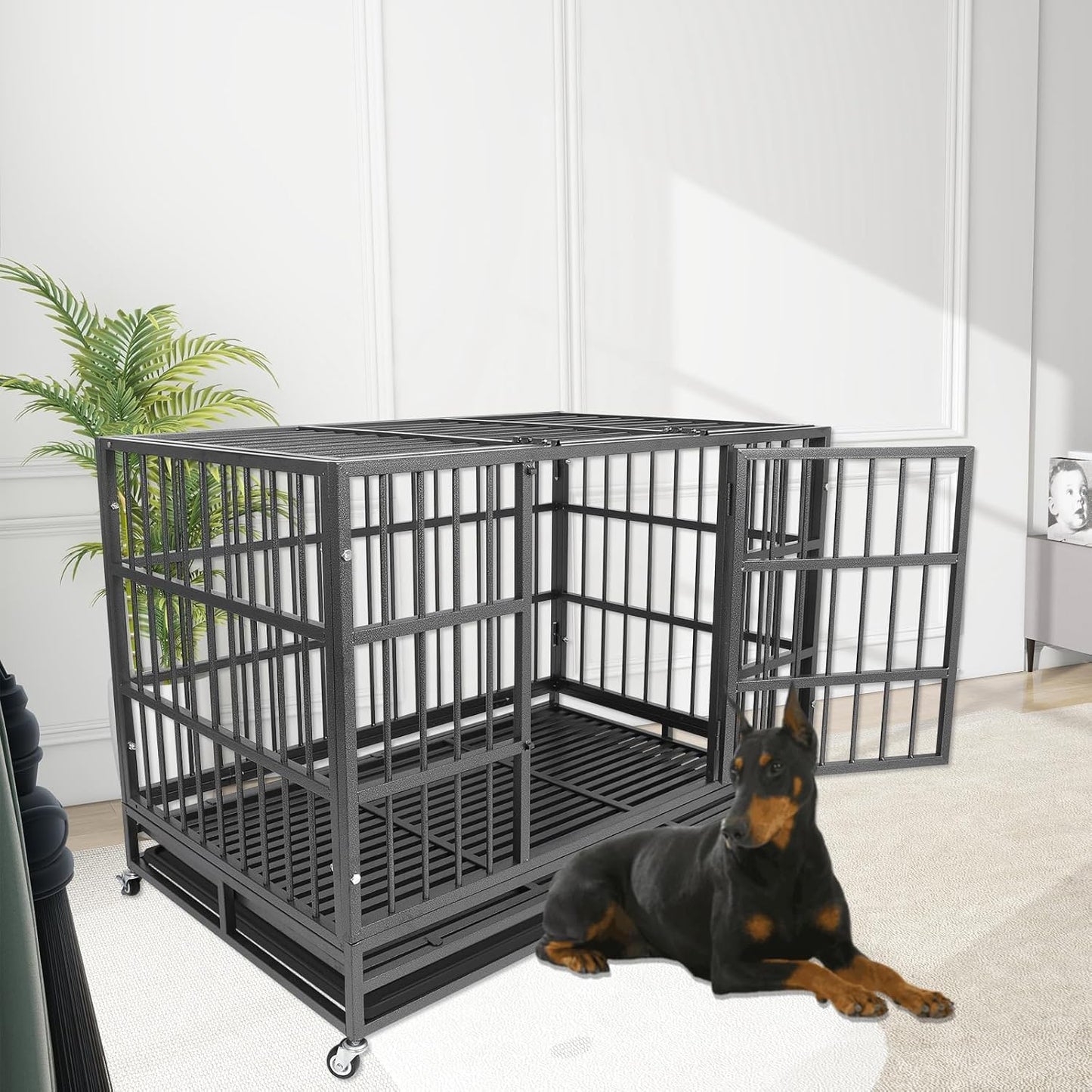 Confote 47 Inch Heavy Duty Dog Crate,High Anxiety Escape-Proof Steel Dog Crate Indestructible Dog Kennel for Medium to Large Dogs, with Lockable Wheels abd Removable Tray