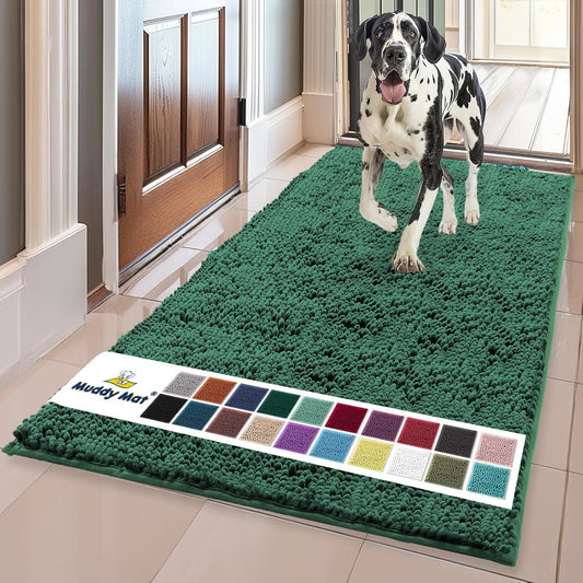 Muddy Mat® Shown on TV – Super Absorbent Door Mat Indoor, Microfiber Quick Dry Chenille Entryway Rug, Non-Slip Front Door Mat, Indoor Mats for Entryway, Machine Washable Pet Rug, Dark Green 36"x60"