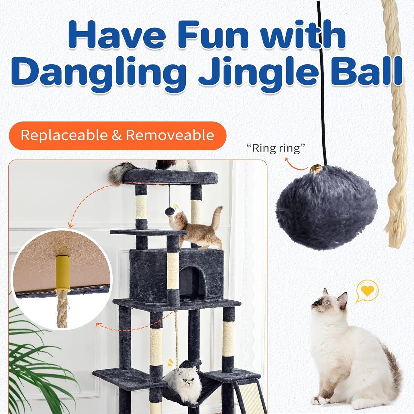Cat Tree Tower 63in Multi-Level Cat Tower for Indoor Cats with Sisal Scratching Posts, Condo, Hammock, Dangling Ball and Extended Platform for Cats to Play, Dark Grey