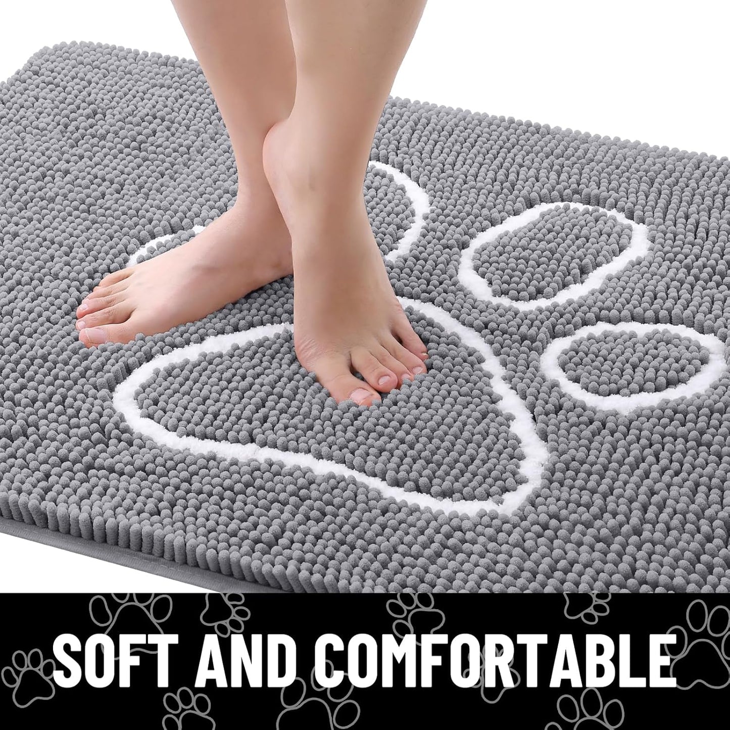 Smiry Dog Door Mat for Muddy Paws, Absorbent Dirt Trapper Non Slip Quick Dry Washable Chenille Mat for Mud Dogs, Entry Rug for Indoor and Outdoor (48x30 Inches, Grey and White)