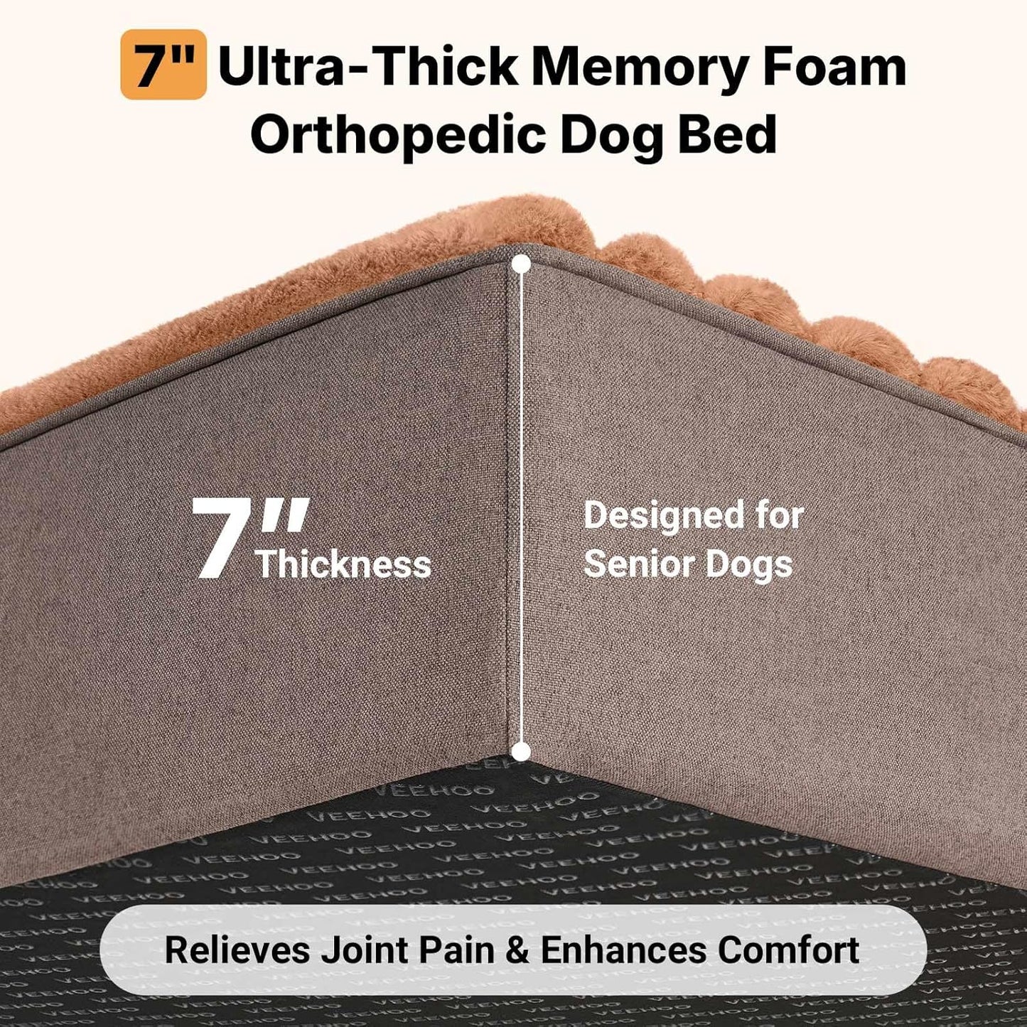 Veehoo Orthopedic Memory Foam Dog Bed, 7 Inch Thick Extra Large Dog Bed XL for Senior Dogs with Ultra-Soft Fluffy Surface, Waterproof Liner, Removable Washable Cover and Non-Slip Bottom, 48"x30"x7"