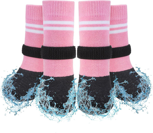 SCENEREAL Anti Slip Dog Boots & Paw Protectors for Hardwood Floor, Extended Dog Socks to Prevent Licking Paws, Waterproof Pet Snow Rain Shoe for Winter Medium Senior Dogs, Pink M
