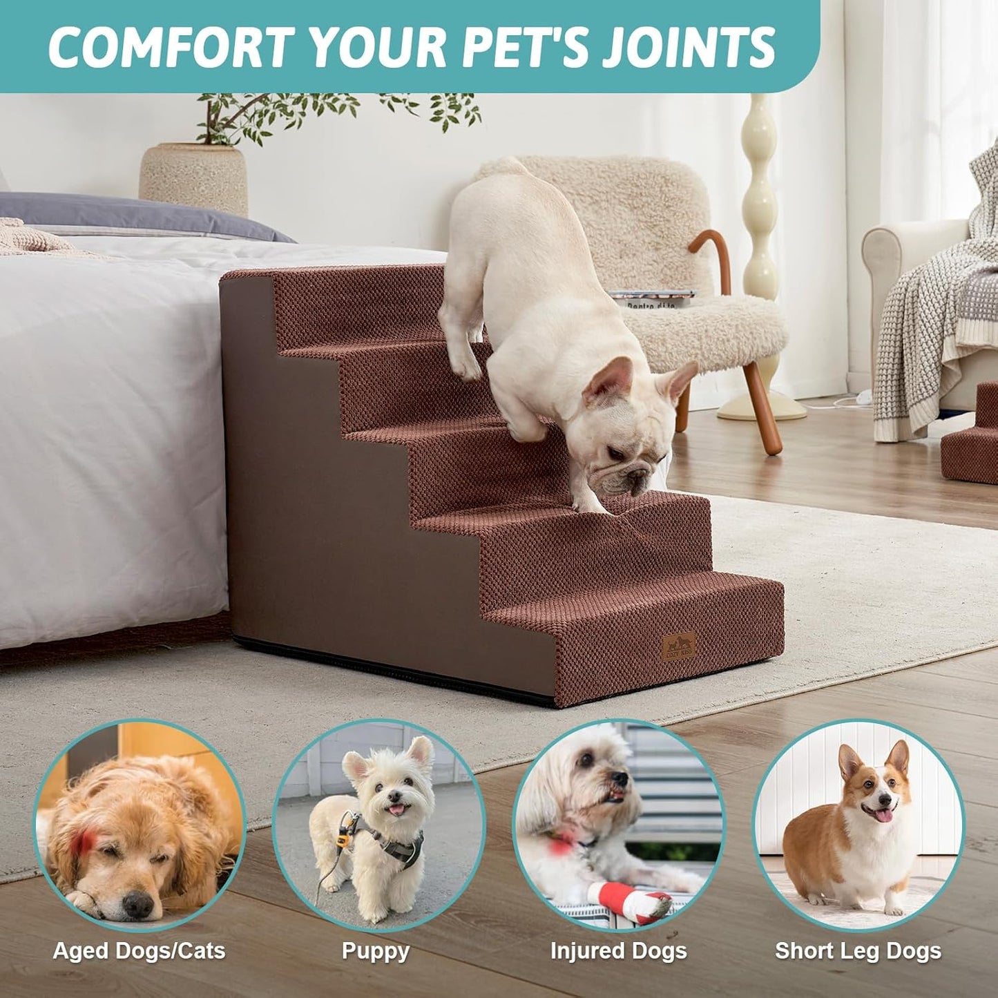 Dog Stairs for Small Dogs, 5 Tier Wider Pet Stairs for High Beds, 23.6" H Non-Slip Dog Steps for Old Cats, Puppies, Small Medium Dogs, 29.5x19.7x23.6 inch, Brown