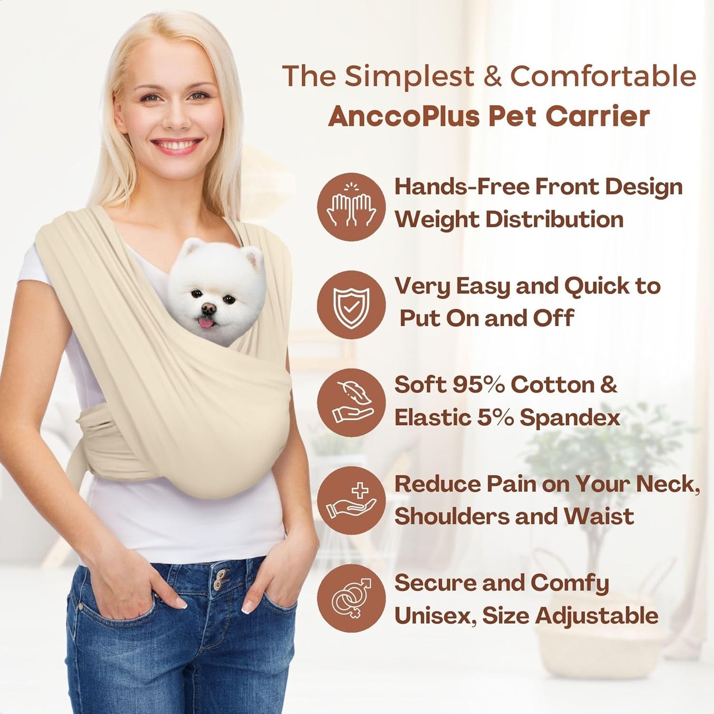 Dog Carriers for Small Dogs, Front Facing Dog Sling Carrier, Hands Free Cat Carrier, Size Adjustable, Reducing Back Pain, Premium Cotton, Safe and Soft Dog Carrier (Plus, Beige)