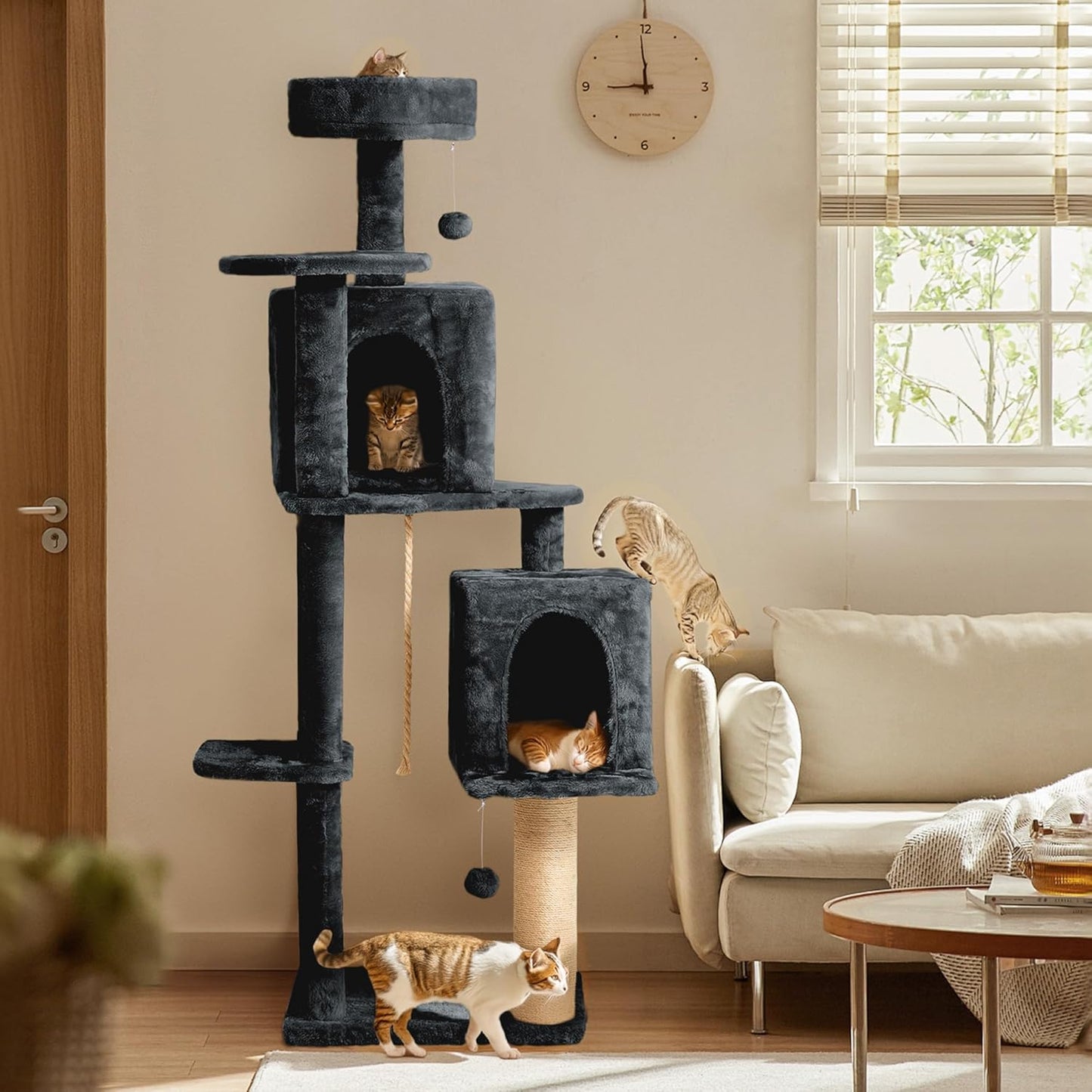 59in Large Cat Tree Tower for Indoor Cats with Soft Plush Hang Ball, Two Condos, Sisal Scratch Posts & Rope Play for Kittens/Adult Cats, New Dark Grey