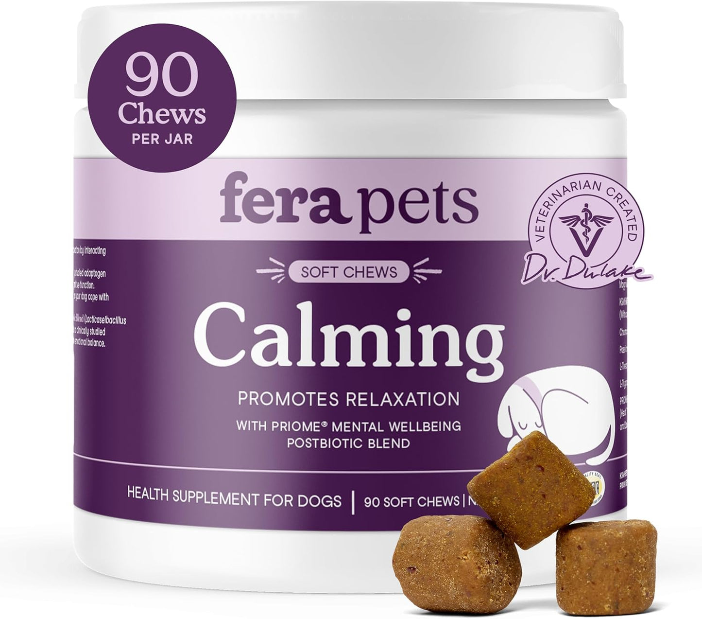 Fera Pets Dog Calming Chews - Anxiety Relief Support - Promotes Relaxation - Ashwagandha & Priome® Mental Wellbeing Postbiotic Blend - 90 Soft Chews